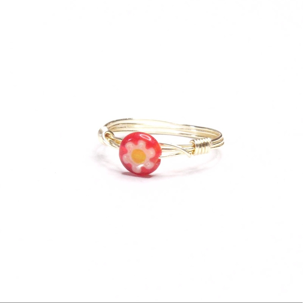 Handmade Wire Wrapped Gold and Red Flower Ring